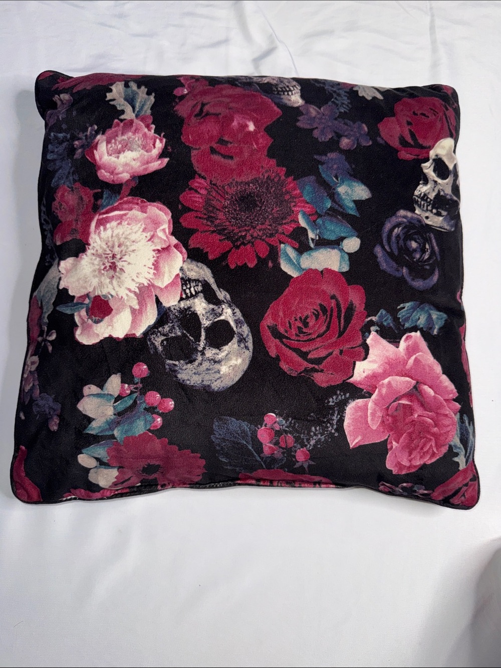 Floral & Skull Velvet Throw Pillow — Black with Pink & Red Flowers